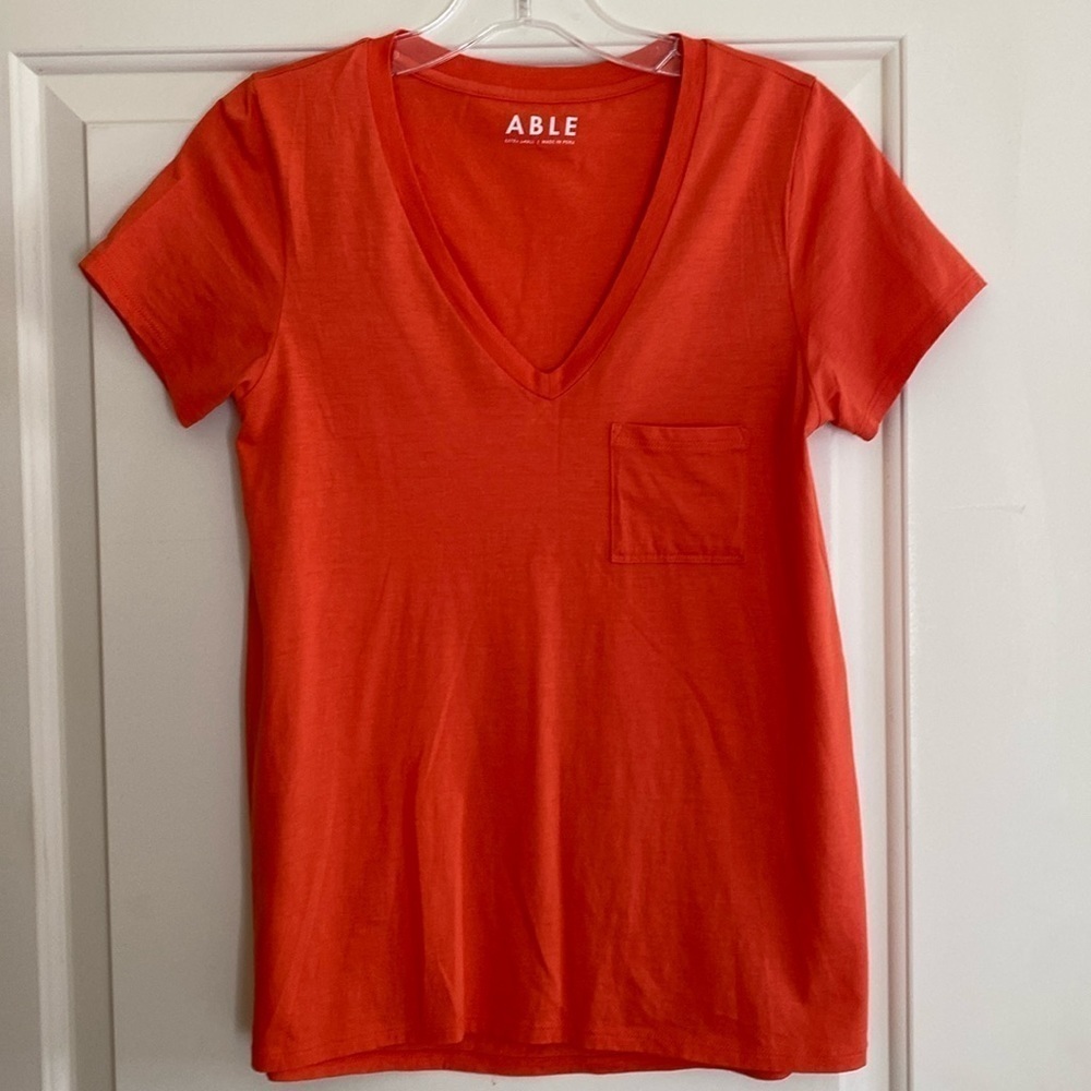 ABLE Mae V Neck Pima Cotton Classic Pocket S/S Tee T-shirt Orange XS